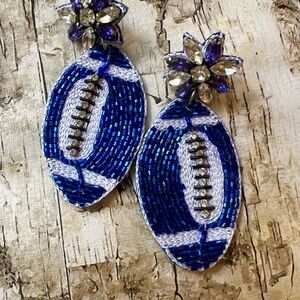 Large Blue and Silver Beaded Football Earrings